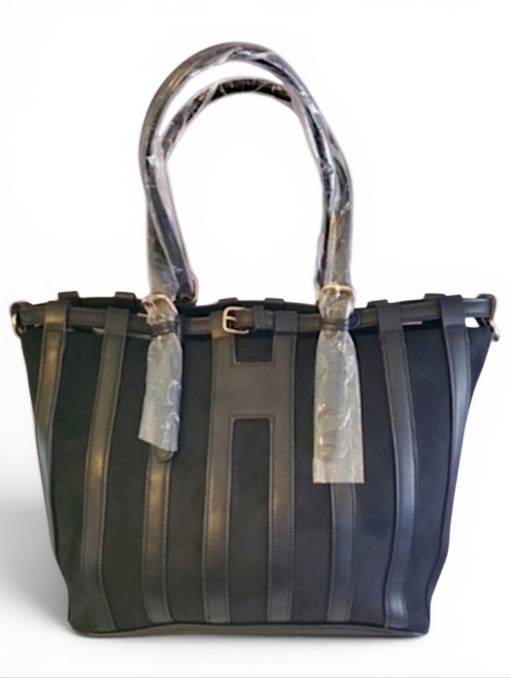 Premium Black Faux Suede & Leather Caged Tote